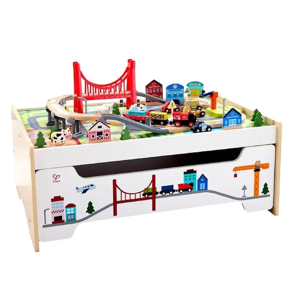 Kids railway table set with storage drawer and fun scenes