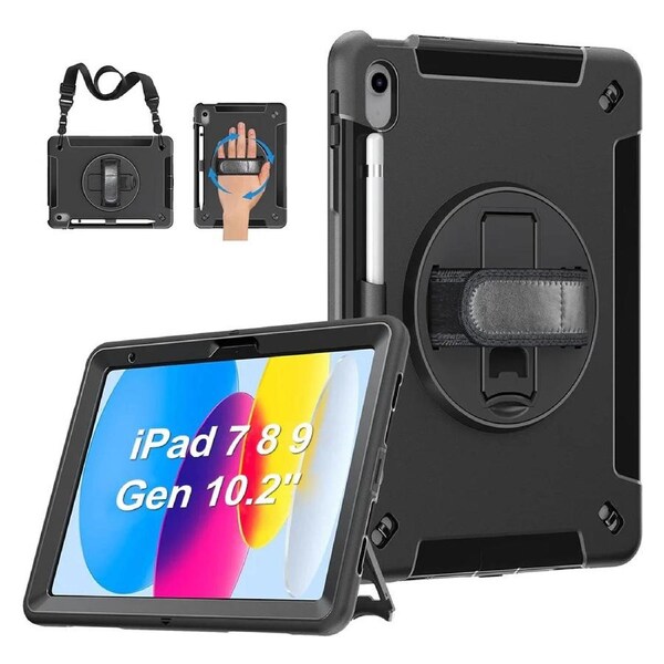 USP Rugged Apple iPad (10.2') (9th/8th/7th Gen) Case Black - Built-in-Kickstand, Adjustable Hand Strap, Shoulder Strap, Pen Holder, 3 Year Warranty