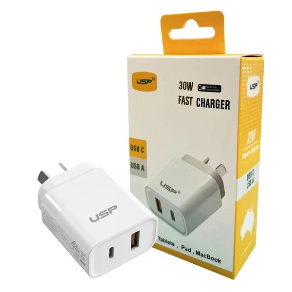 USP 30W Dual Ports (USB-C PD + USB-A QC3.0) Fast Wall Charger - Safe