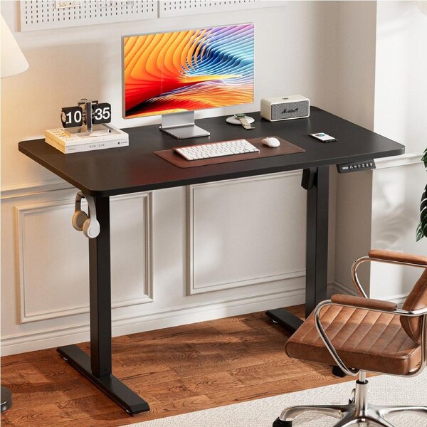 Tioiear Electric Standing Desk Height Adjustable Sit Stand Desk with Hooks Metal Frame Stand up Desk with Powerful Motor Black