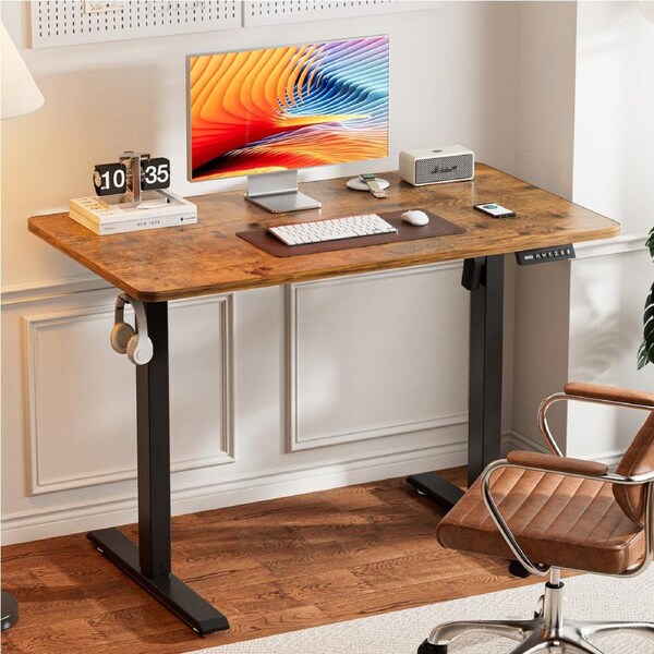Tioiear Electric Standing Desk Height Adjustable Sit Stand Desk with Hooks Metal Frame Stand up Desk with Powerful Motor Rustic Brown