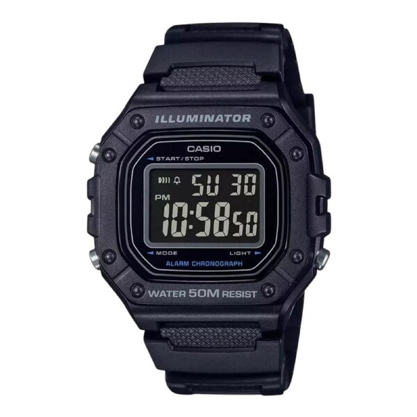 Casio W-218H-1BV Digital Watch Black Resin Band LED Light Stopwatch 50m