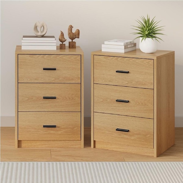 Oikiture 2x Bedside Table 3 Drawers Nightstand Bedroom Storage Natural