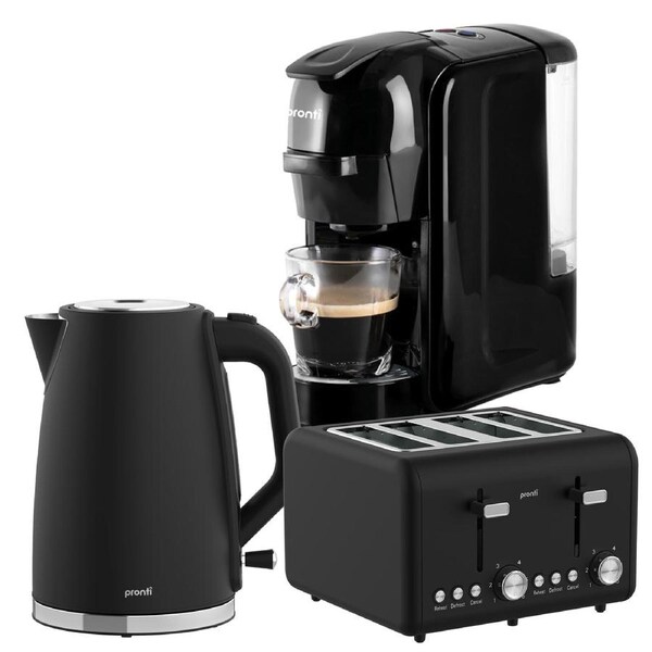 Pronti Breakfast Set with HomeMaid Coffee Machine, Silver Noir Toaster & Kettle