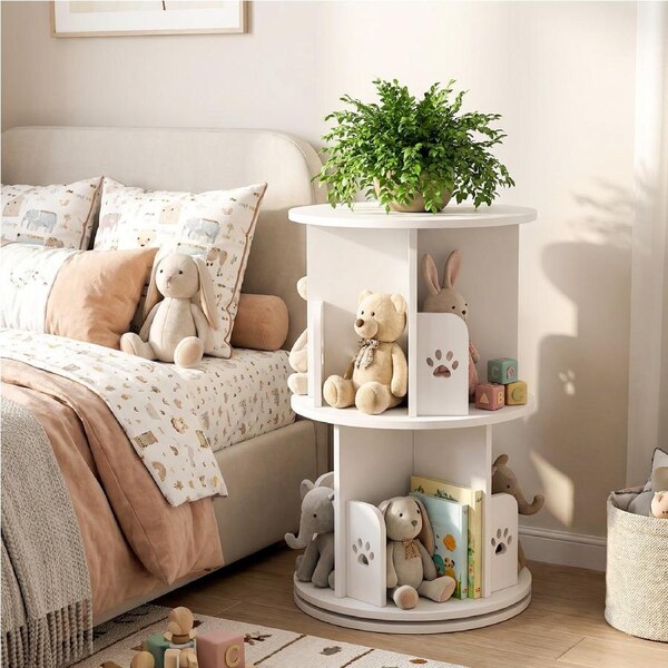 Advwin Kids Rotating Bookshelf, 2-Tier Wooden Bookcase, Small Corner Standing Display Shelf Organizer for Kids' Room, Nursery, and Playroom, Living Room, White