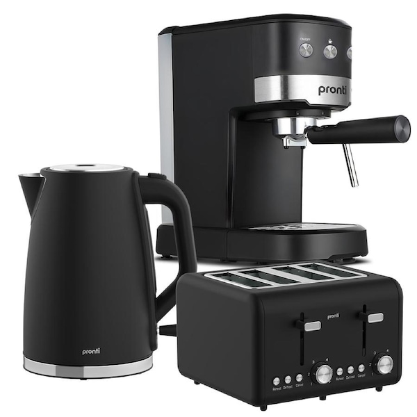 Pronti Breakfast Set with 1.25L Coffee Machine, Silver Noir Toaster & Kettle