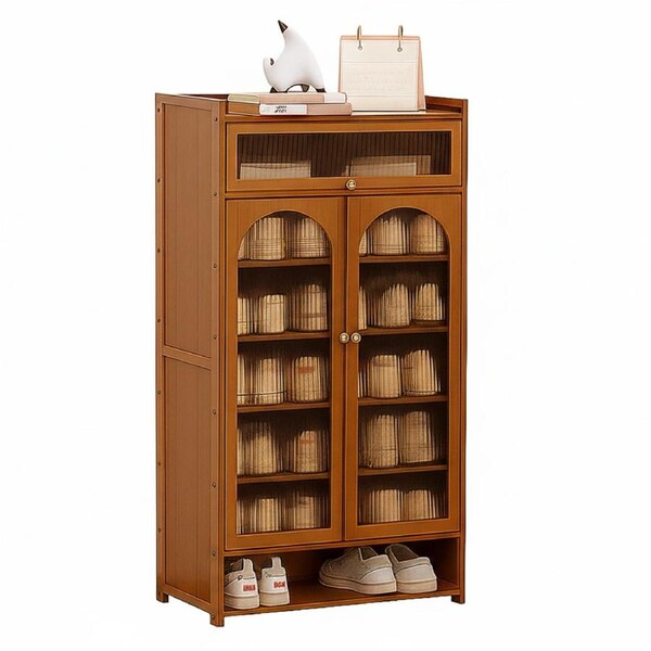 FORET Bamboo Shoe Cabinet With Drawer Fluted Glass Doors Entryway Storage 110cm