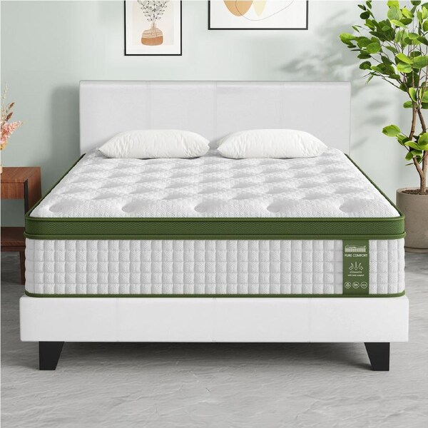 Artiss BedStory Queen Bed Frame Set with Hybrid Mattress and Leather Frame Medium White