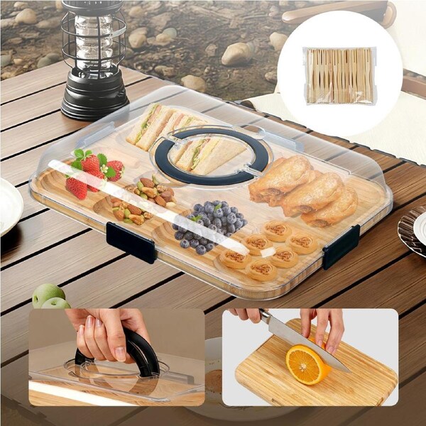 Bamboo Cheese Board with Clear Lid Charcuterie Serving Platter Tray for Snack,Appetizers,Parties,100 Bamboo Fork Bonus