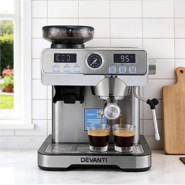 Devanti Coffee Machine Espresso Latte Maker with Grinder Milk Frother Steam Wand Temperature Control