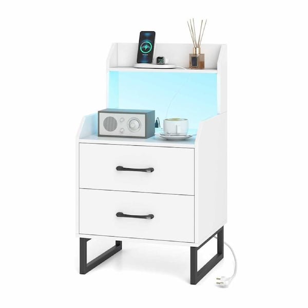 Costway Nightstand Modern Bedside Table End Table LED Lights Bed Side Table Shelf w/Charging Station Bedroom