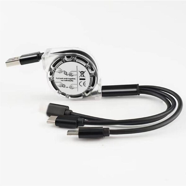 1M Black 3-in-1 Retractable Metal Data Cable, Fast Charging for Android/Type-C Phones