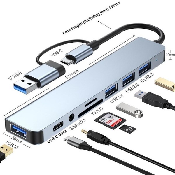 8-in-1 USB Hub 3.0 - TF/SD Card Reader, Multi-Port Expander for Laptops