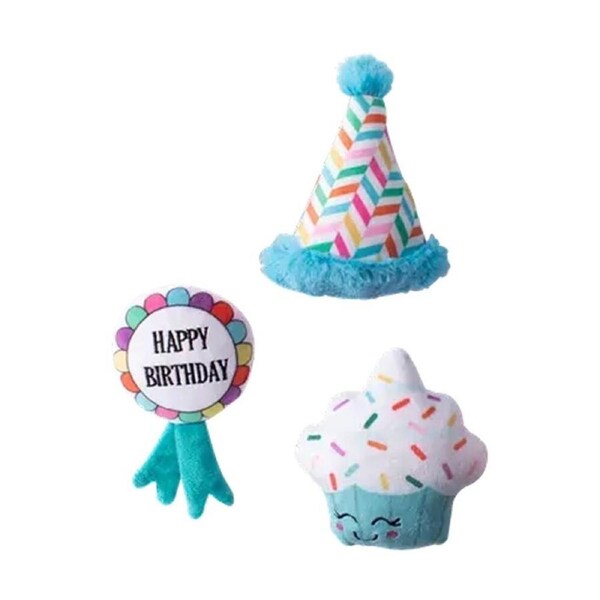 3pc Fringe Studio Small Plush Dog Toy Set Happy Bark Day Birthday Party Hat