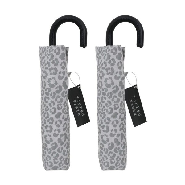 2PK Wicked Sista Compact Umbrella Manual Opening Watercolour Leopard - Grey