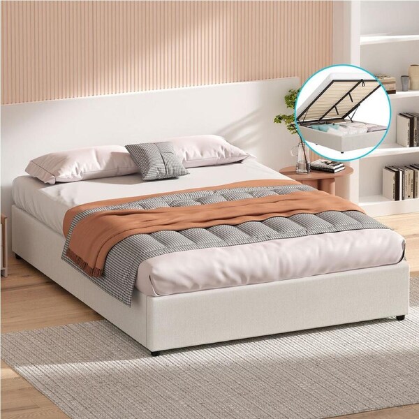 ALFORDSON Bed Frame Double Gas Lift Storage Base Beige