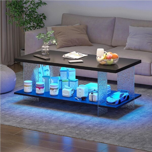Advwin LED Coffee Table w/ Fluted Frame 2-Tier Storage 95cm Black