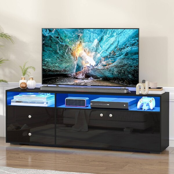 Advwin TV Unit Entertainment 140cm LED TV Cabinet High Gloss TV Stand w/ Drawer Black