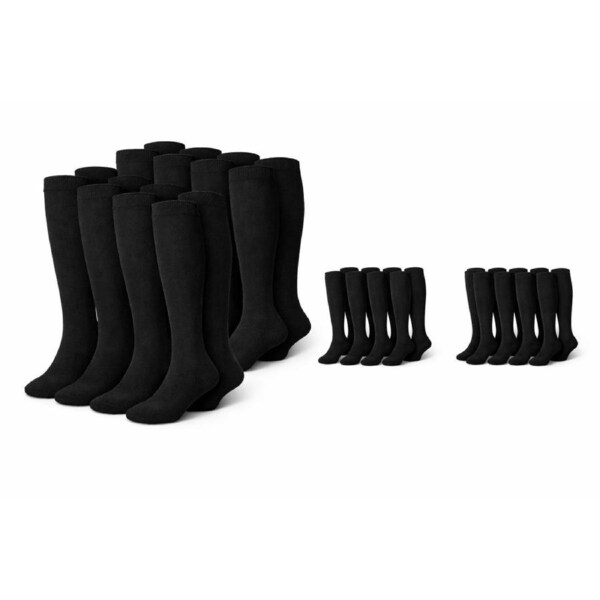 12 Pairs Plain Knee High Cotton Unisex Socks in Black Size 2-8 - Bulk