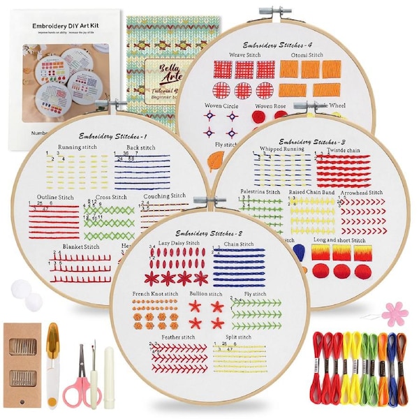 Bella Arte 4PCS Classic Embroidery Stitches Practice Kit, Embroidery Kit for Beginners, Beginner Embroidery Set for Adults and Kids, Hand Embroidery Tool for Kids, Stitches Kit for Women