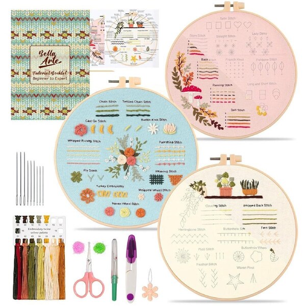 Bella Arte Beginner Embroidery Kit for Adults and Kids,3 Pack Cross Stitch Kits with Pre-Printed Patterns,Threads, Needles,Learn Stitches with 7.8" Hoop,Video Tutorial, DIY Needlework Craft for Women
