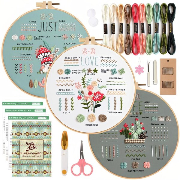 Bella Arte 3PCS Beginner Embroidery Kit for Adults and Kids,Cross Stitch Kits with Pre-Printed Patterns,Threads, Needles,Learn Stitches with 7.8" Hoop, Video Tutorial,DIY Needlework Craft for Women
