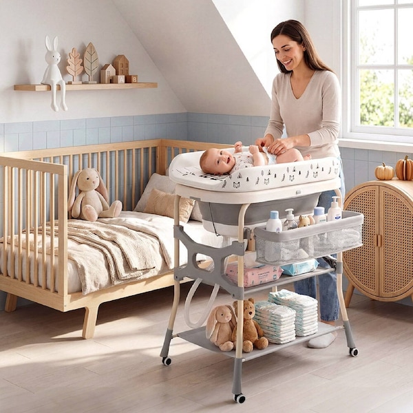 PlayPals Foldable Baby Bathtub with Changing Table with Side Basket and Wheels