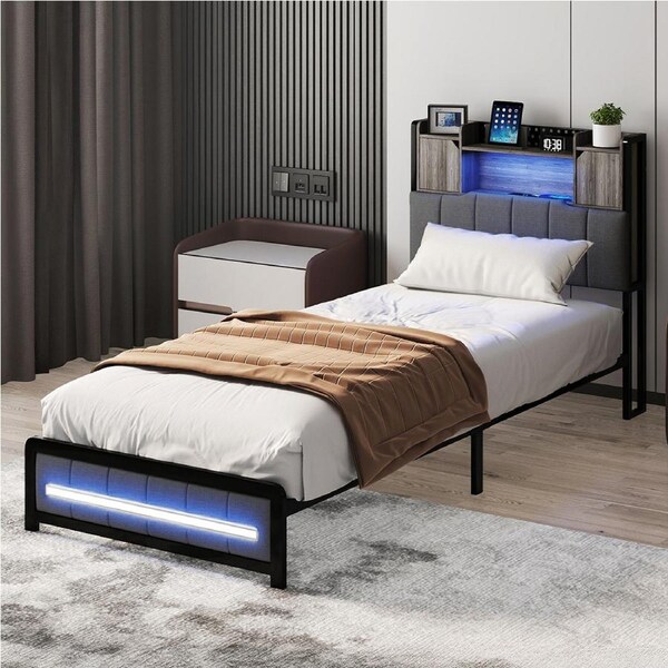 Levede Single Bed Frame Linen Storage Headboard LED Charging 2 Ports