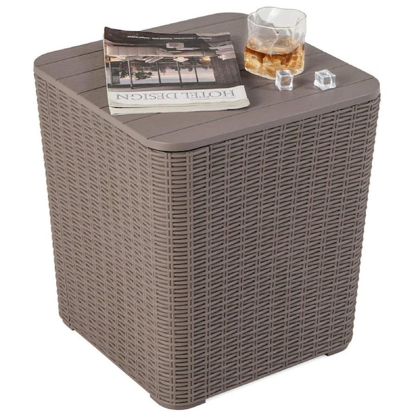 Costway 43L Outdoor Deck Box Resin Wicker Patio Side Table Small Square Coffee Table End Table w/Lid Storage Brown