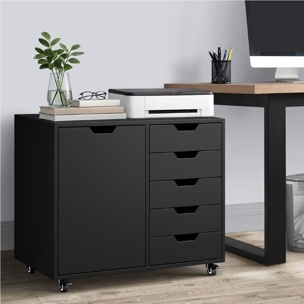Oikiture File Cabinet 1 Door 5 Drawer Filing Document Organiser Mobile Office Storage Cabinet Black