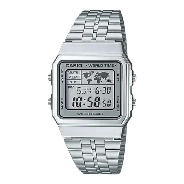 Casio A500WA-7 Unisex Digital Watch World Time World Map Steel Band LED