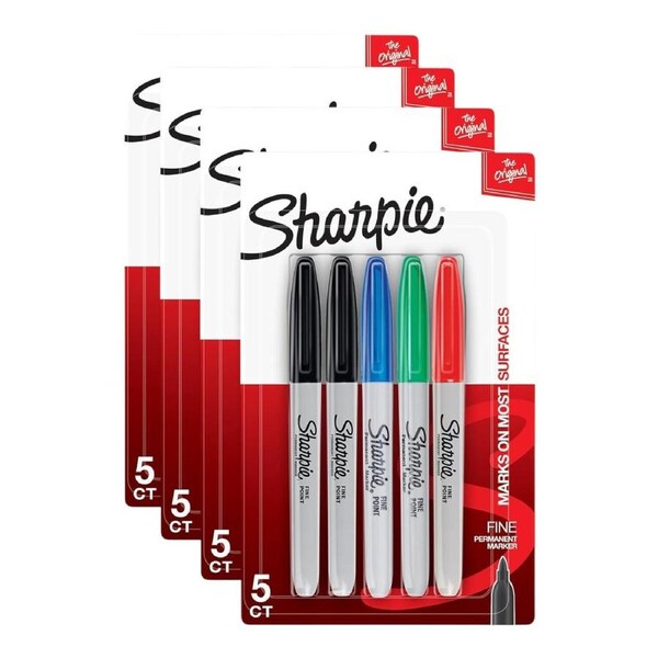 4 x Sharpie Permanent Markers Fine Point Assorted Colours 5 Pack - 20 Total