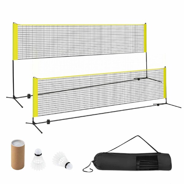 Costway 4.2m Badminton Tennis Net Ajustable Volleyball Pickleball Net Stand Outdoor Sports w/2 Shuttlecocks Carry Bag Yellow