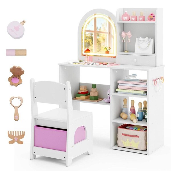 Giantex 2-In-1 Vanity Set Princess Girls Makeup Dressing Table & Chair White