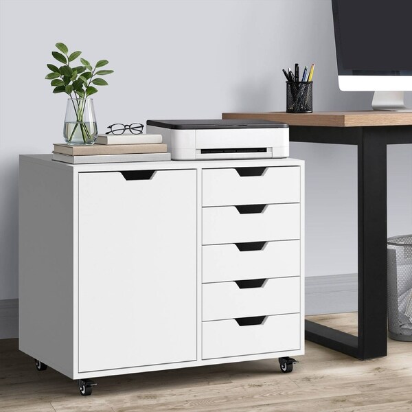 Oikiture File Cabinet 1 Door 5 Drawer Filing Document Organiser Mobile Office Storage Cabinet White