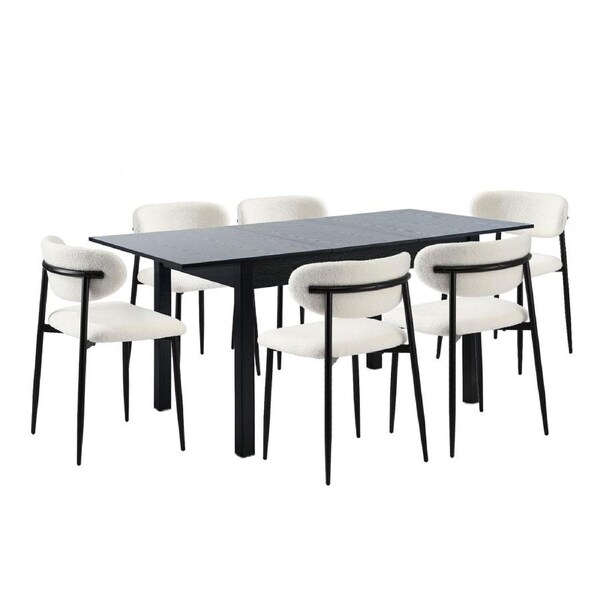 Oikiture 7pc Extenable Dining Table and Chairs Wooden Dining Set Boucle Black