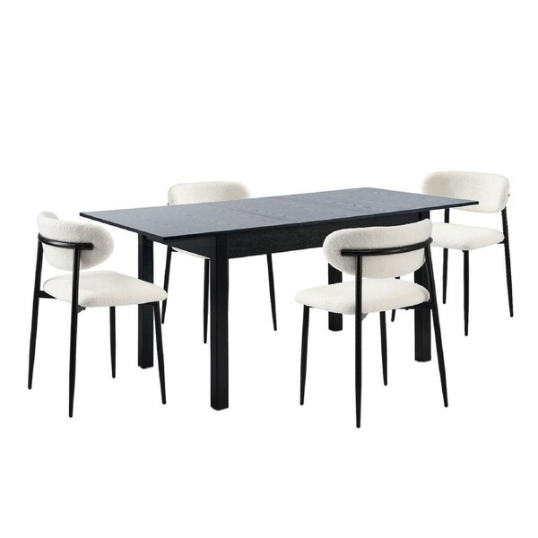 Oikiture 5pc Extenable Dining Table and Chairs Wooden Dining Set Boucle Black