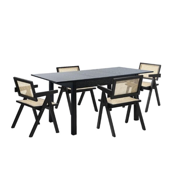 Oikiture 5pc Extenable Dining Table and Chairs Wooden Dining Set Ratten Black