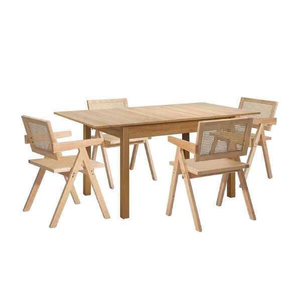 Oikiture 5pc Extenable Dining Table and Chairs Wooden Dining Set Ratten Natural