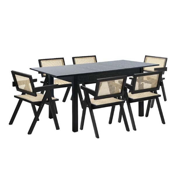 Oikiture 7pc Extenable Dining Table and Chairs Wooden Dining Set Ratten Black