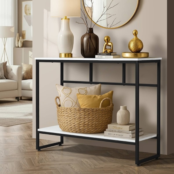 Oikiture Console Table Hallway Marble Effect Metal Entry Table Display WH&BK