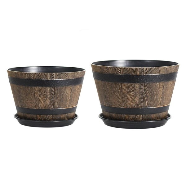 2PCS Wooden Barrel Style Plastic Flower Pots Anti Slip Base For Garden Plants
