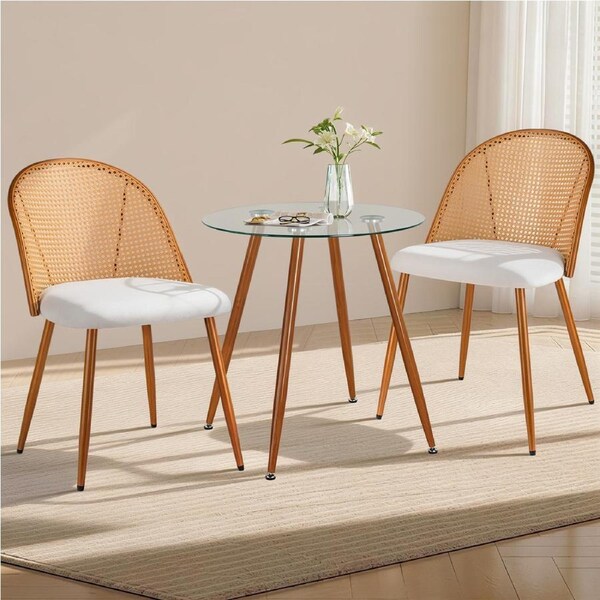 ACA 80cm Round Dining Table with 2 Dining Chairs Walnut Metal Legs and Glass Tabletop Dining Sets