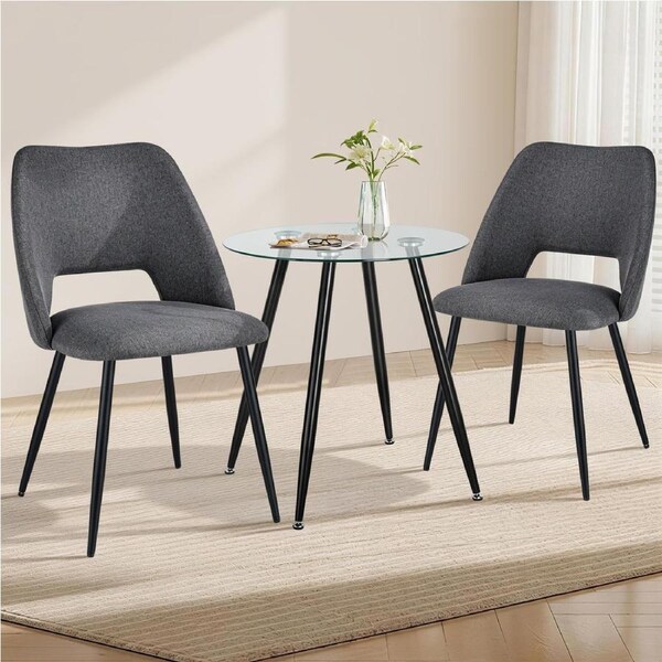 ACA 3PCS Dining Furniture Set Round Dining Table & 2 Chairs w/ Glass Tabletop and Metal Legs Dark Grey 80cm