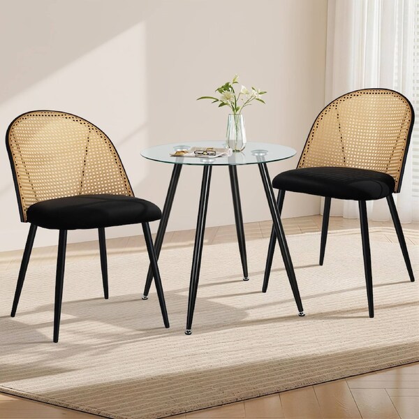ACA 1 Round Dining Table and 2 Rattan Chairs Set Black 80cm