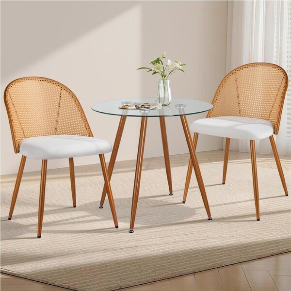ACA 100cm Round Dining Table with 2 Dining Chairs Walnut Metal Legs and Glass Tabletop Dining Sets