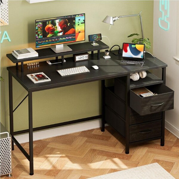 Tioiear Computer Desk with Power Outlets, Gaming Table with 4 Drawers, Office Desk with Monitor Stand, Work Table Have Reversible Storage Shelves, Gaming Desks for Home Office Black