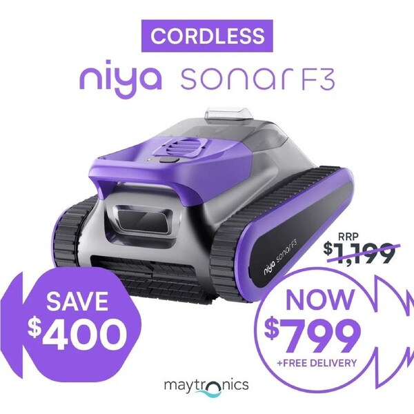 Niya Sonar F3 Cordless Robotic Pool Cleaner for Floor Walls Waterline Up to 10m Pool Up to 2-Hour Cleaning with Smart Sonar Navigation, Self-Parking, 1.6L Filter Basket, Replaceable Battery