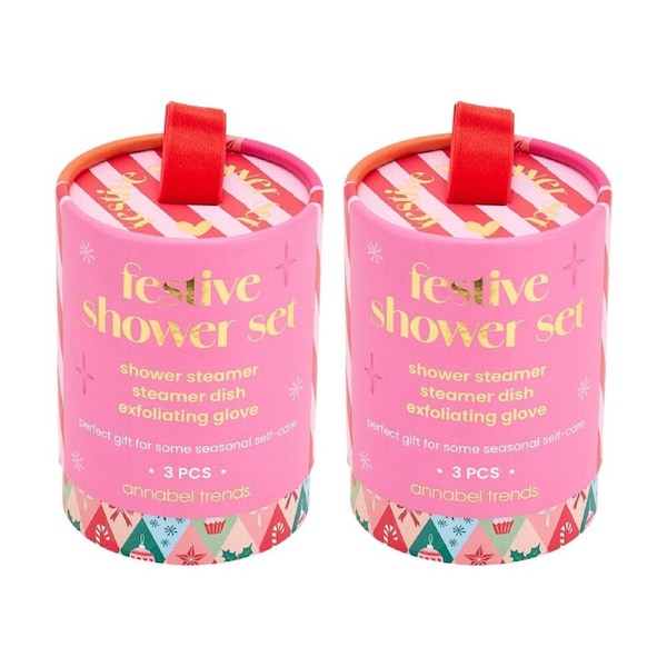 2x 3pc Annabel Trends Shower Bath Gift Set W/ Steamer/Gloves & Dish Festive