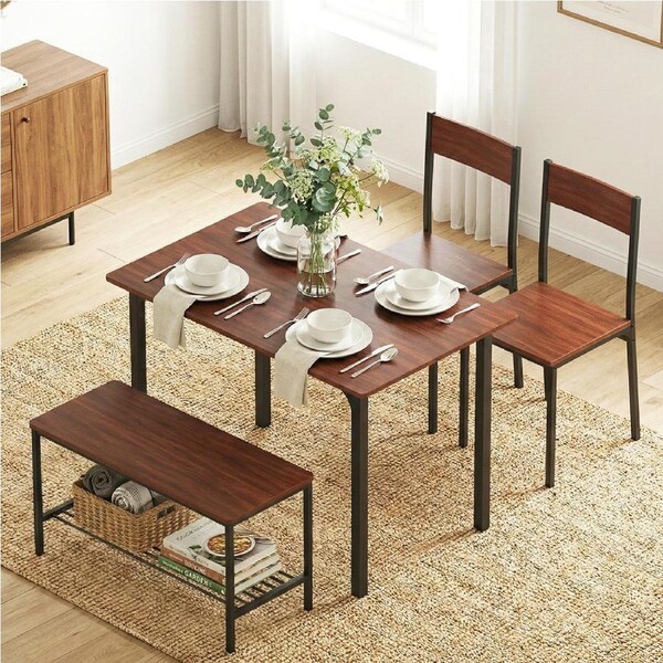 1 Artiss Dining Table and 2 Chairs Bench Set Walnut